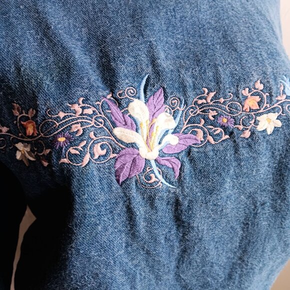 Women's Medium Vintage Sweatshirt Habitat Embroidered Floral Denim Collared Neck - Picture 3 of 8